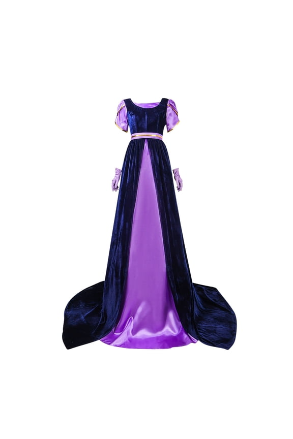 Tea Party Dress for Women with Puff Sleeves and Gloves, Medieval Regency Style Gown in Purple with Floral Pattern and Side Slit