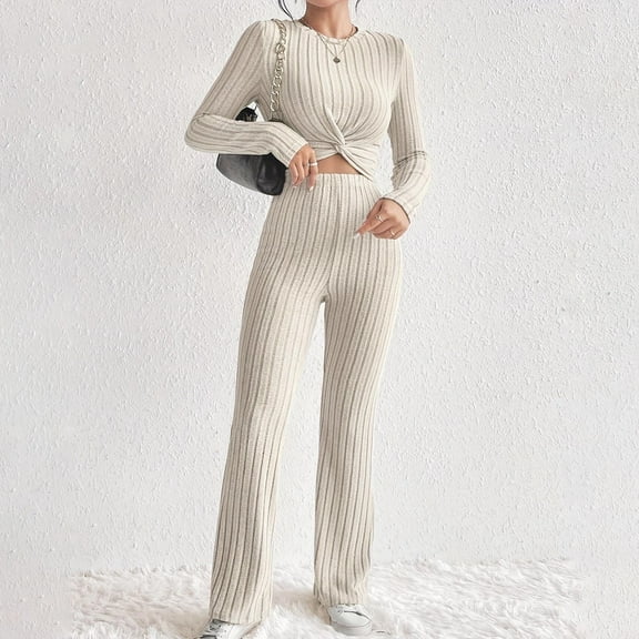 Tauxra Two Piece Set,Two Piece Pants Sets,Long Sleeve Knit Set for Women, Hoodie Loose Pants Round Neck,Long Sleeve Tops