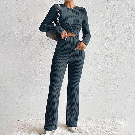 Tauxra Two Piece Set,Two Piece Pants Sets,Long Sleeve Knit Set for Women, Hoodie Loose Pants Round Neck,Long Sleeve Tops