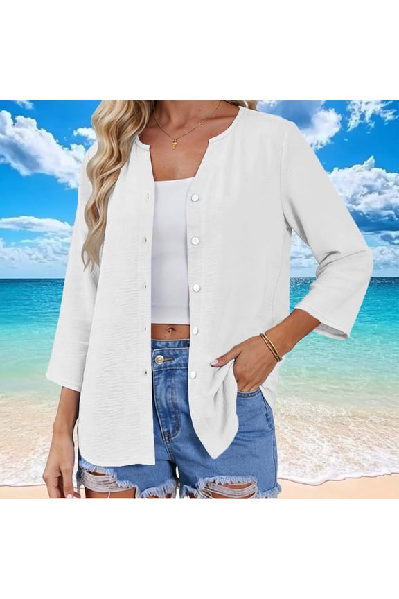 V Neck Button Up Top for Women, 3 4 Sleeve Open Front-Shirt, Casual Everyday Blouse with Fabric