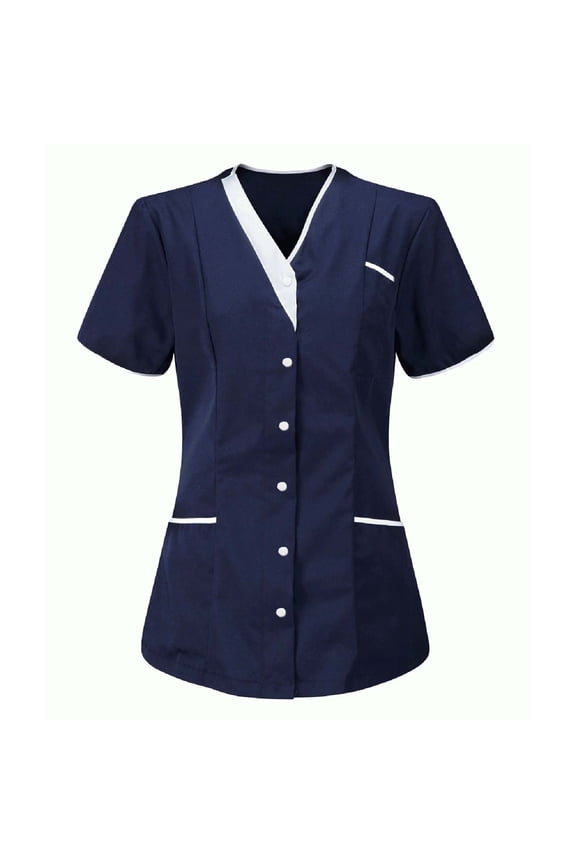 V-Neck Tunic for Women, Short Sleeve Nurse Uniform with Front Buttons, Clinic Carer Protective Top in Blue