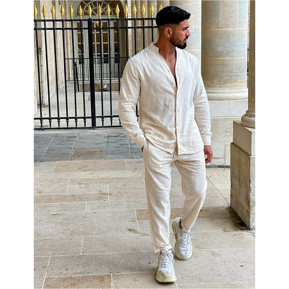 Tauxra Water Color Set,Solid Color Men's Linen V Neck Shirt and Pants Set,Long Sleeve Relaxed Fit Suit
