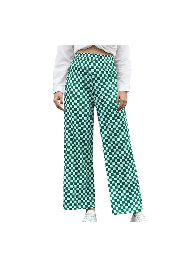 Wide Leg Pants for Women, Printed Checkerboard Pattern, Polyester Trousers with Elastic Waist for Daily Wear and Casual Parties