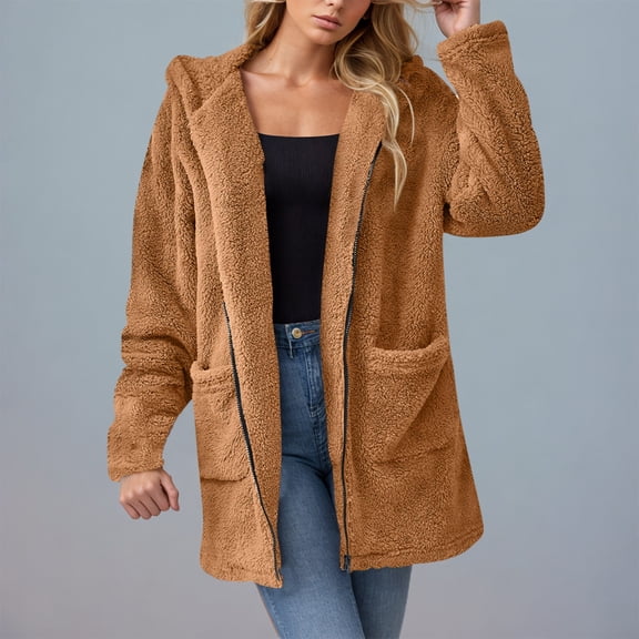 Tauxra Winter Coats for Women,Winter Jackets for Women,Women's Solid Color Long Sleeve Hooded Plush Casual Pocket Jacket,Jackets for Women
