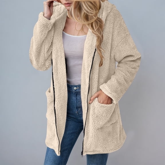 Tauxra Winter Coats for Women,Winter Jackets for Women,Women's Solid Color Plush Hooded Long Sleeve Casual Pocket Jacket,Jackets for Women