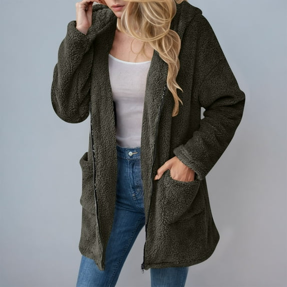 Tauxra Winter Coats for Women,Winter Jackets for Women,Women's Solid Color Plush Hooded Long Sleeve Casual Pocket Jacket,Jackets for Women