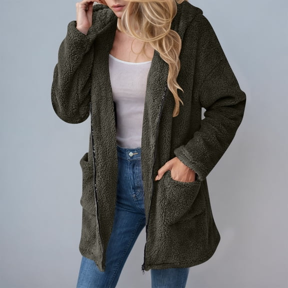 Tauxra Winter Coats for Women,Winter Jackets for Women,Women's Solid Color Plush Hooded Long Sleeve Casual Pocket Jacket,Jackets for Women