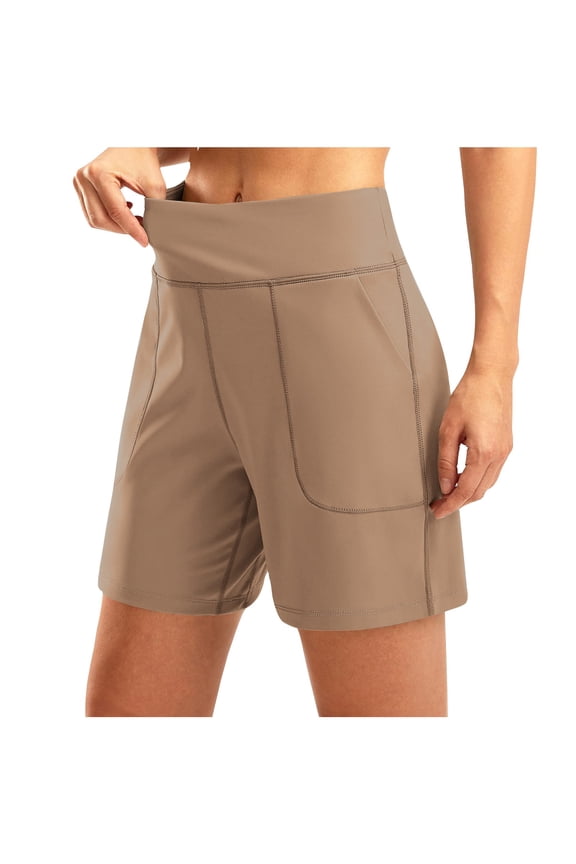 Women's 6'' Athletic Long Shorts with 4 Pockets High Waisted Bermuda Shorts for Women Walking Running Casual Khaki M