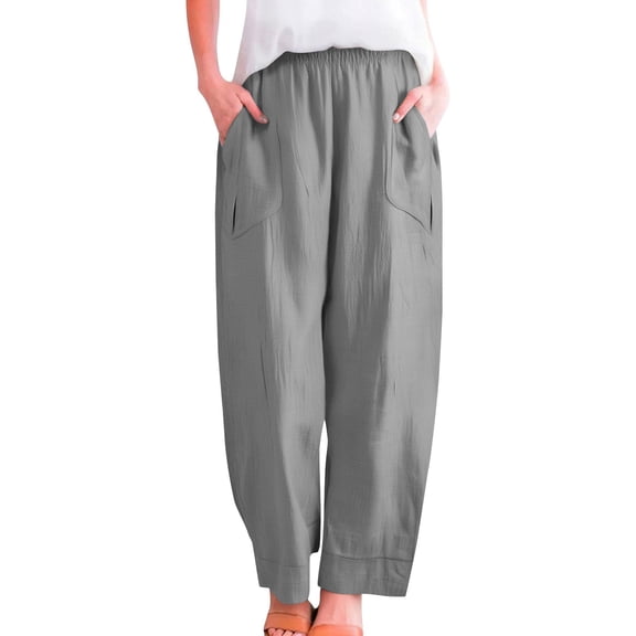 Tauxra Women's Casual Pants Fashion Womens Solid Color Elastic Waist Pants with Pocket Ladies Loose Soft 7/8Th Trousers