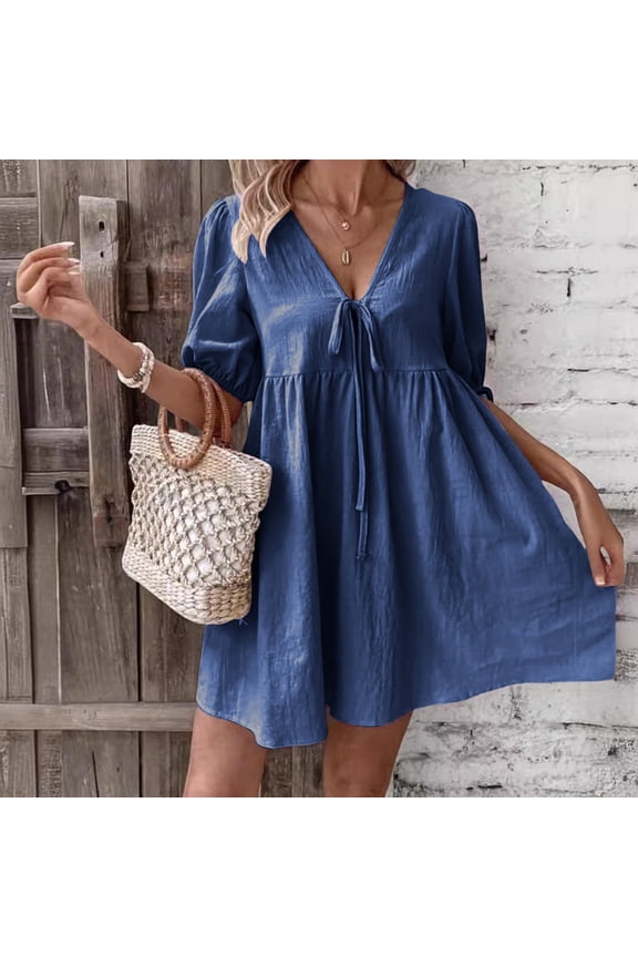 Women's Casual Summer Dress with Short Sleeve and V Neck, Mini Midi Length Soft Strap Dress for Outing, Daily Wear, and Vacation, 2 Piece Set with Matching Strap Detail