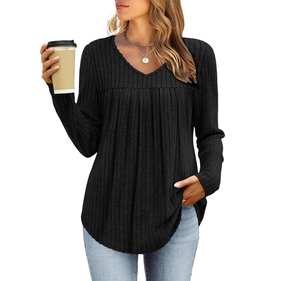 Tauxra Women's Casual Tops,Brushed V-Neck Top for Women,Long Sleeve Solid Color Fall Casual Blouse,Womens Casual Tops