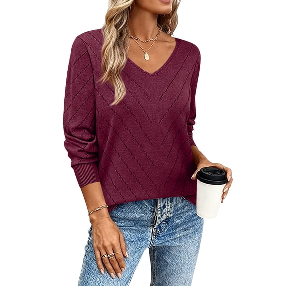 Tauxra Women's Casual Tops, Fall Winter Casual Knit Long Sleeve Lightweight Top, Women's V Neck Pullover