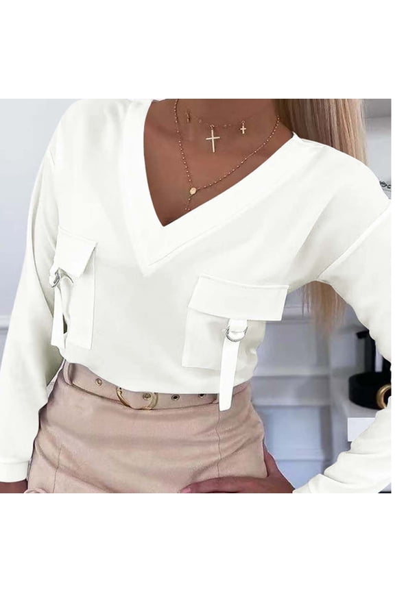 Women's Casual Tops,Women's Top,Long Sleeve V Neck Solid Color Pocket Casual Fashion,Womens Casual Tops