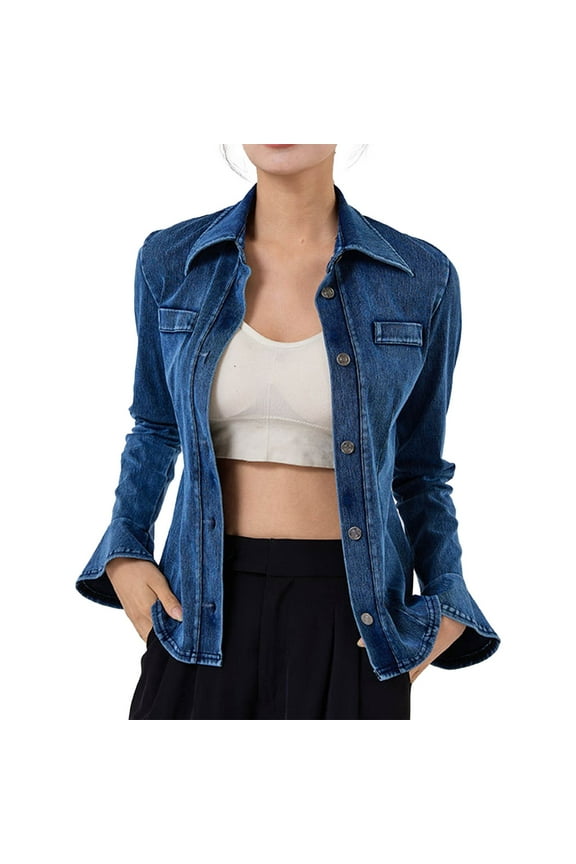 Women's Denim Jacket, Lapel Long Sleeve Flared Sleeves Solid Color Coat