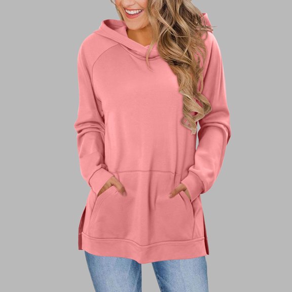 Tauxra Women's Fashion Tops, Fashion Solid Color Classic Drawstring Pocket Long Sleeve Slit Detail Blouse, Women's Hooded Top