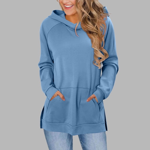 Tauxra Women's Fashion Tops, Fashion Solid Color Classic Drawstring Pocket Long Sleeve Slit Detail Blouse, Women's Hooded Top