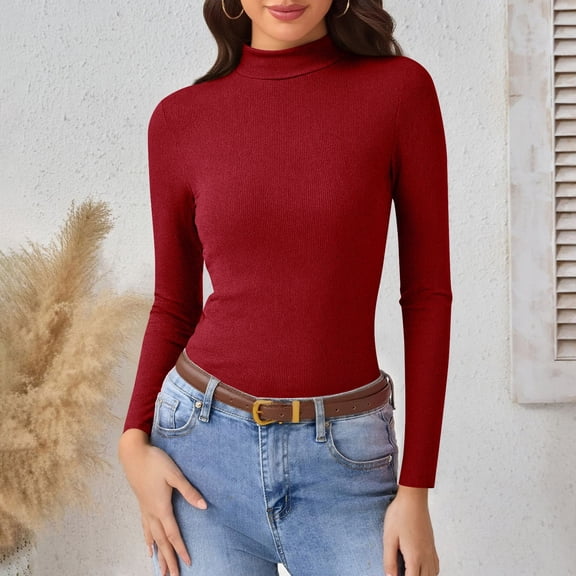 Tauxra Women's High Neck Top, Solid Color Ribbed Long Sleeve Slim Warm Lightweight Blouse