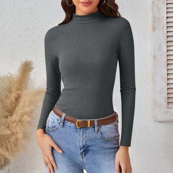 Tauxra Women's High Neck Top, Solid Color Ribbed Long Sleeve Slim Warm Lightweight Blouse
