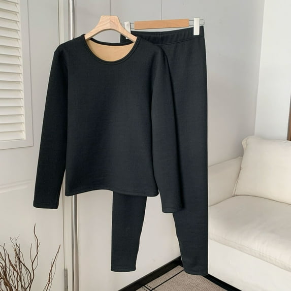 Tauxra Women's Long Sleeve Pajama Sets, Solid Color Round Neck Thermal Sleepwear for Home