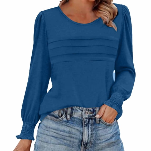 Tauxra Women's Long Sleeve Pleated Top, Casual Round Neck Blouse with Soft Textured Fabric, Versatile Tunic Top for Daily Wear and Office Outfits