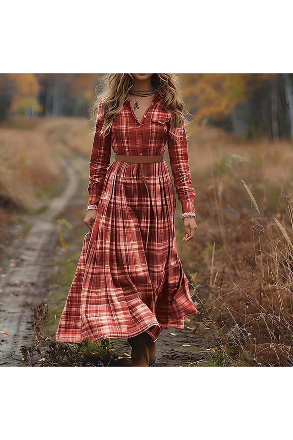 Women's Maxi Shirt Dress, Long Sleeve Plaid V-Neck Button Front Ankle Length Flannel Dress for Outdoor and Casual Wear