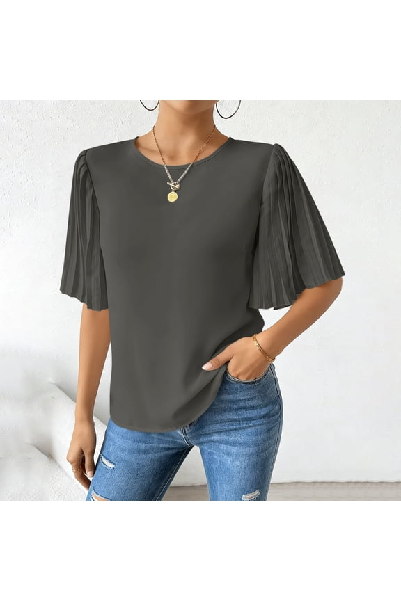 Women's Pleated Blouse with Flowingy Flared Sleeves and Back Button, 3 Quarter Sleeve Chiffon Top for Casual and Work Wear