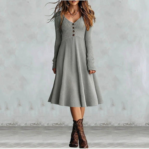 Tauxra Ribbed A-Line Dress for Women, Gray Brown Floral Print V-Neck 3/4 Sleeve Calf-Length Casual and Wedding Guest Dress for Spring and Summer