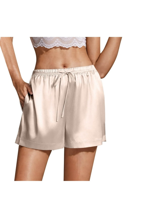 Women's Sleep Shorts, Casual Elastic Waist Solid Satin Drawstring Bandage Home Wear with Secure Fit,Pants for Women