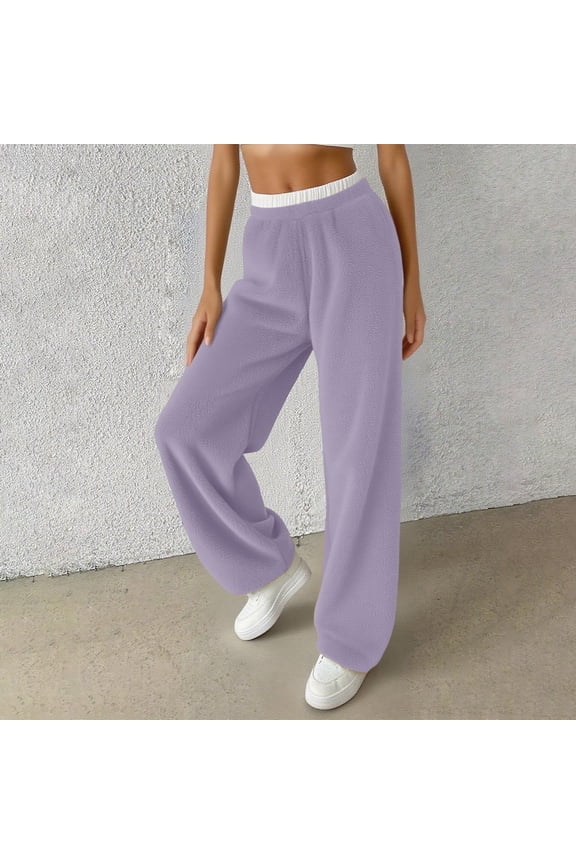Women's Solid Color Drawstring Furry Casual Warm Wide Leg Pants,Trousers for Women