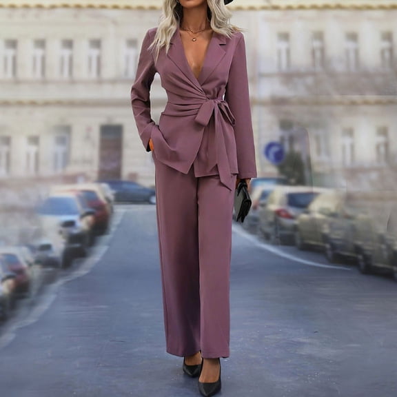 Tauxra Women's Solid Color Elegant Blazer Set,Long Sleeve Lapel Commuting Suit