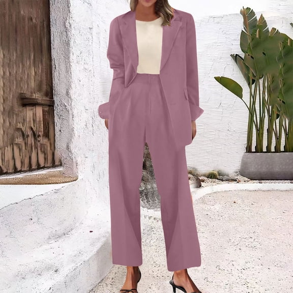 Tauxra Women's Solid Color Elegant Blazer Set,Long Sleeve Lapel Commuting Suit