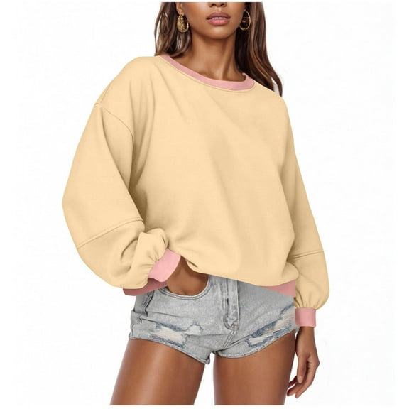 Tauxra Women's Sweatshirts Womens Casual Ringer Pullover with Long Sleeve Ladies Loose Hoodless Color Blocking Blouse Tops