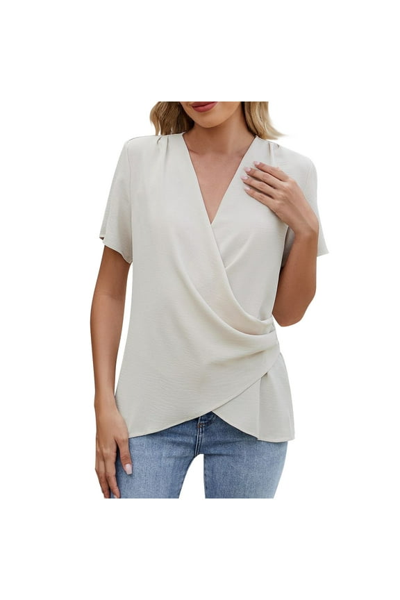 Women's V Neck Short Sleeve Wrap Front Drape Tunic Top Khaki L