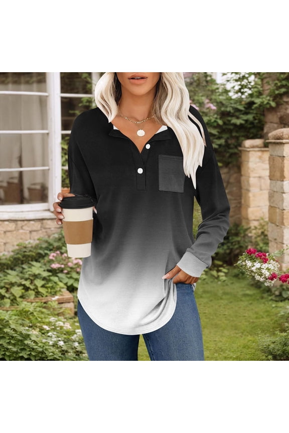 Womens Blouses and Tops,Women's Top,Long Sleeve V Neck Button Gradient Printed Pullover Fashionable,Blouses for Women