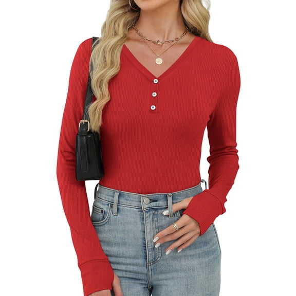 Tauxra Womens Casual Tops, V-Neck Button Detail Casual Solid Color Fitted Top, Women's Long Sleeve Blouse