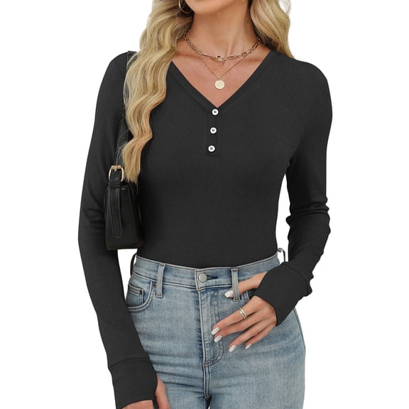 Tauxra Womens Casual Tops, V-Neck Button Detail Casual Solid Color Fitted Top, Women's Long Sleeve Blouse