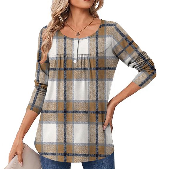 Tauxra Womens Casual Tops,Women's T-Shirt,Long Sleeve Round Neck Printed Button Loose Casual Pleated Top,T-Shirts for Women