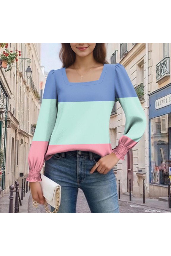 Womens Casual Tops,Women's Top,Long Sleeve Square Neck Printed Loose Puffed Sleeve Casual Winter Daily Pullover,Womens Winter Clothes