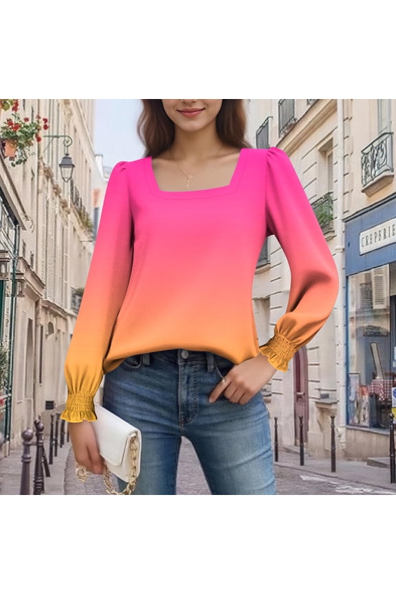 Womens Casual Tops,Women's Top,Long Sleeve Square Neck Printed Loose Puffed Sleeve Casual Winter Daily Pullover,Womens Winter Clothes