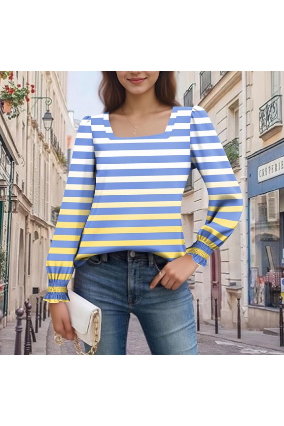 Womens Casual Tops,Women's Top,Long Sleeve Square Neck Printed Loose Puffed Sleeve Casual Winter Daily Pullover,Womens Winter Clothes