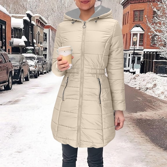 Tauxra Womens Fall Clothes,Women's Padded Jacket,Fall Winter Solid Color Hooded Zipper Waist Cinching,Long Winter Coats for Women