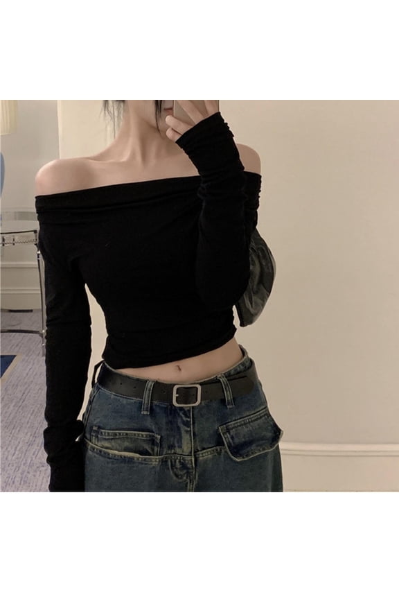 Womens Summer Clothes,One On One,Women's Off Shoulder Long Sleeve Top,Summer Fashion Minimalist Blouse,Women Summer Clothes