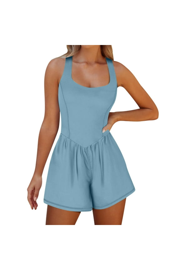 Workout Romper for Women, Short Sleeve Athletic Jumpsuit for Running, Yoga, Gym and Summer Casual Outfits in Breathable Fabric