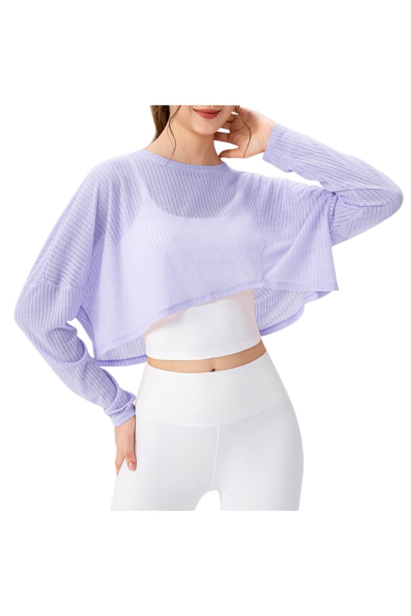 Yoga Cover Up Shirt for Women Long Sleeve Round-Neck Breathable Athletic Top Loose Fit Short Length for Exercise and Casual Wear