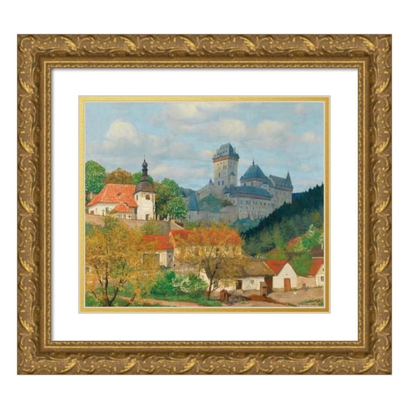 Tavík František Šimon 23x20 Gold Ornate Framed and Double Matted Museum Art Print Titled - View of Karlstejn Castle Near Prague
