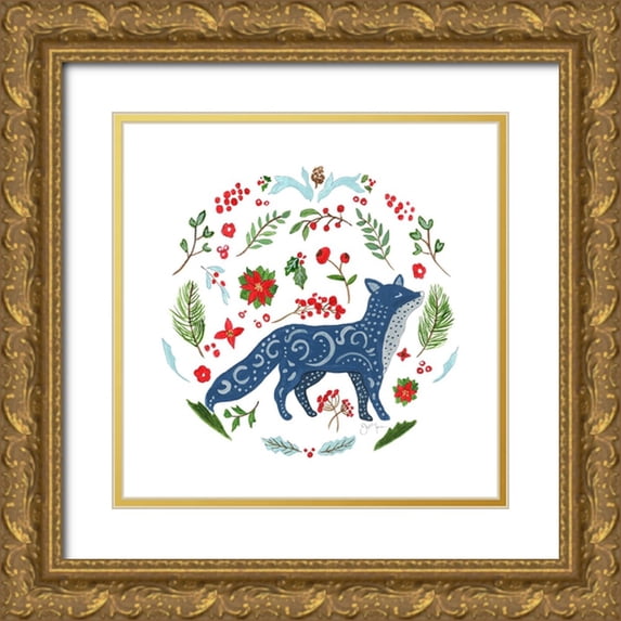 Tava Studios 20x20 Gold Ornate Wood Framed with Double Matting Museum Art Print Titled - Christmas Folk Fox