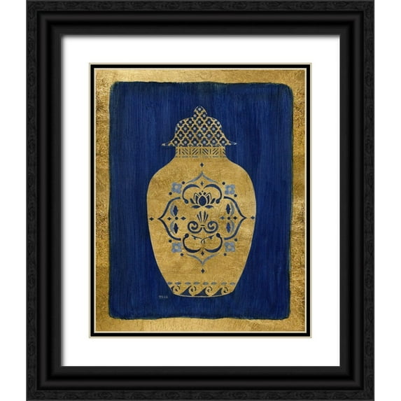 Tava Studios 20x24 Black Ornate Wood Framed with Double Matting Museum Art Print Titled - Sapphire and Gold Urn I
