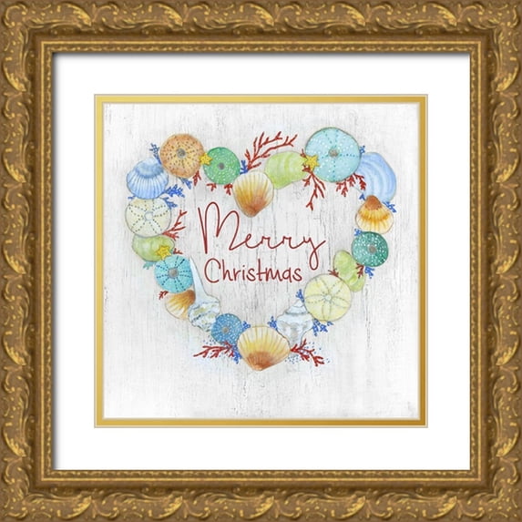 Tava Studios 26x26 Gold Ornate Wood Framed with Double Matting Museum Art Print Titled - Merry Christmas Shell Wreath