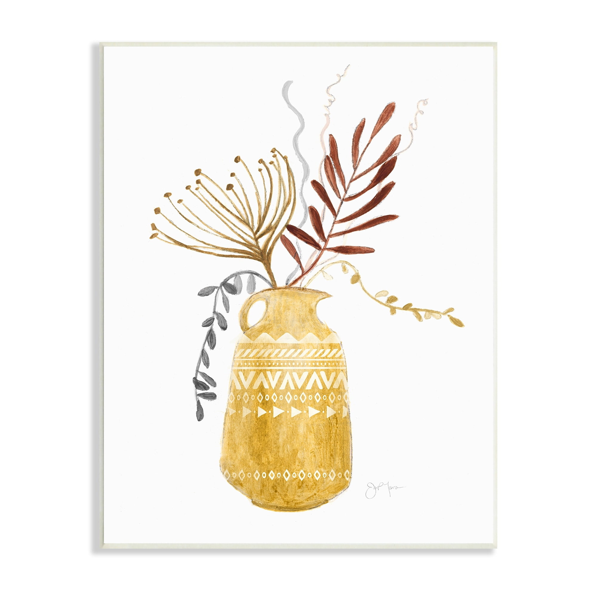 Tava Studios Boho Botanical Still Life Geometric Aztec Patterned Vase 13 in x 19 in Framed Painting Art Print, by Stupell Home Décor