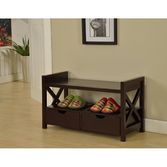 Tavia Shoe Storage Bench with Drawers & Open Shelf, Cherry Wood
